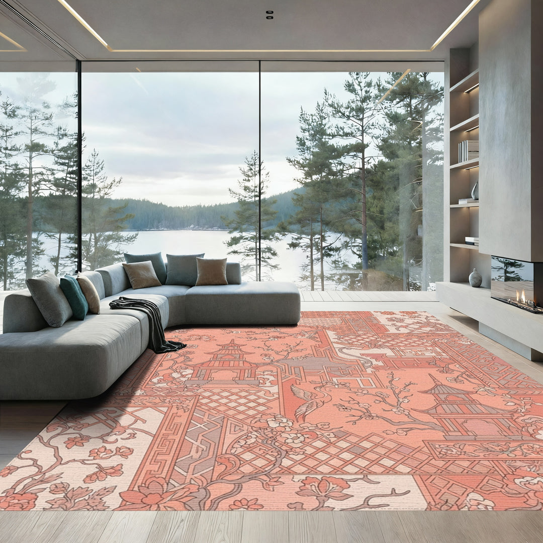 Coral Pagoda Crane Blossom Collage Rug