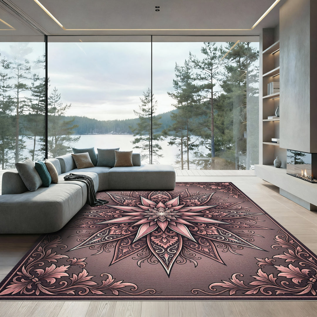 Rose Pink Floral Mandala Art Rug