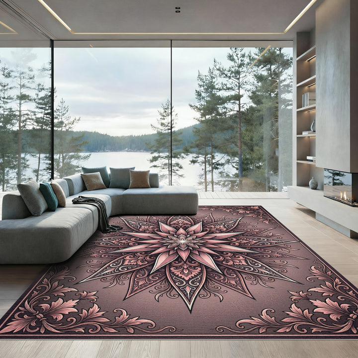 Rose Pink Floral Mandala Art Rug