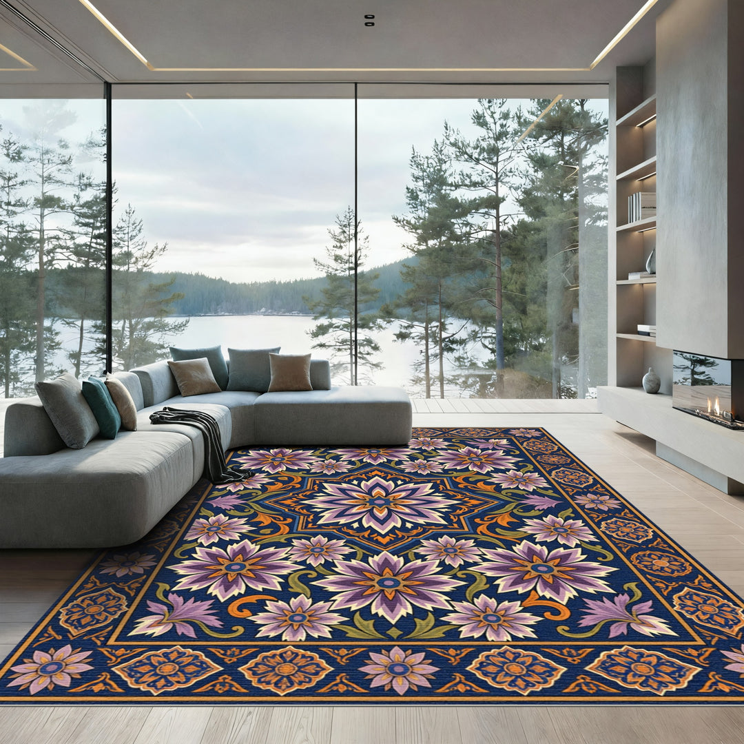 Deep Blue Floral Medallion Pattern Rug