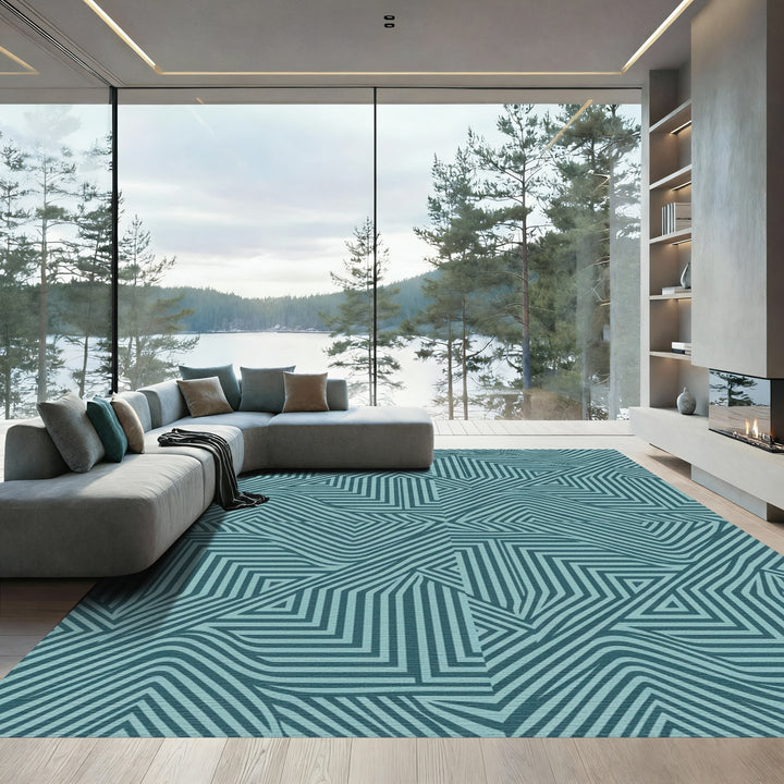 Teal Striped Geometric Wave Rug