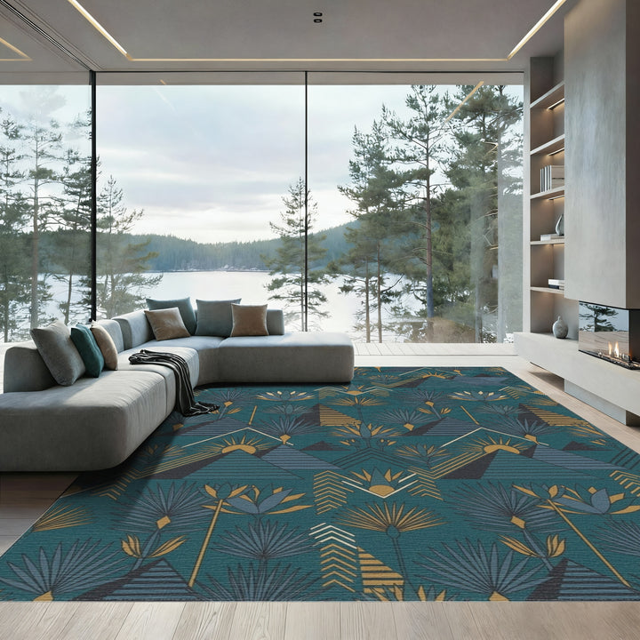 Art Deco Teal Sun Pyramid Floral Rug
