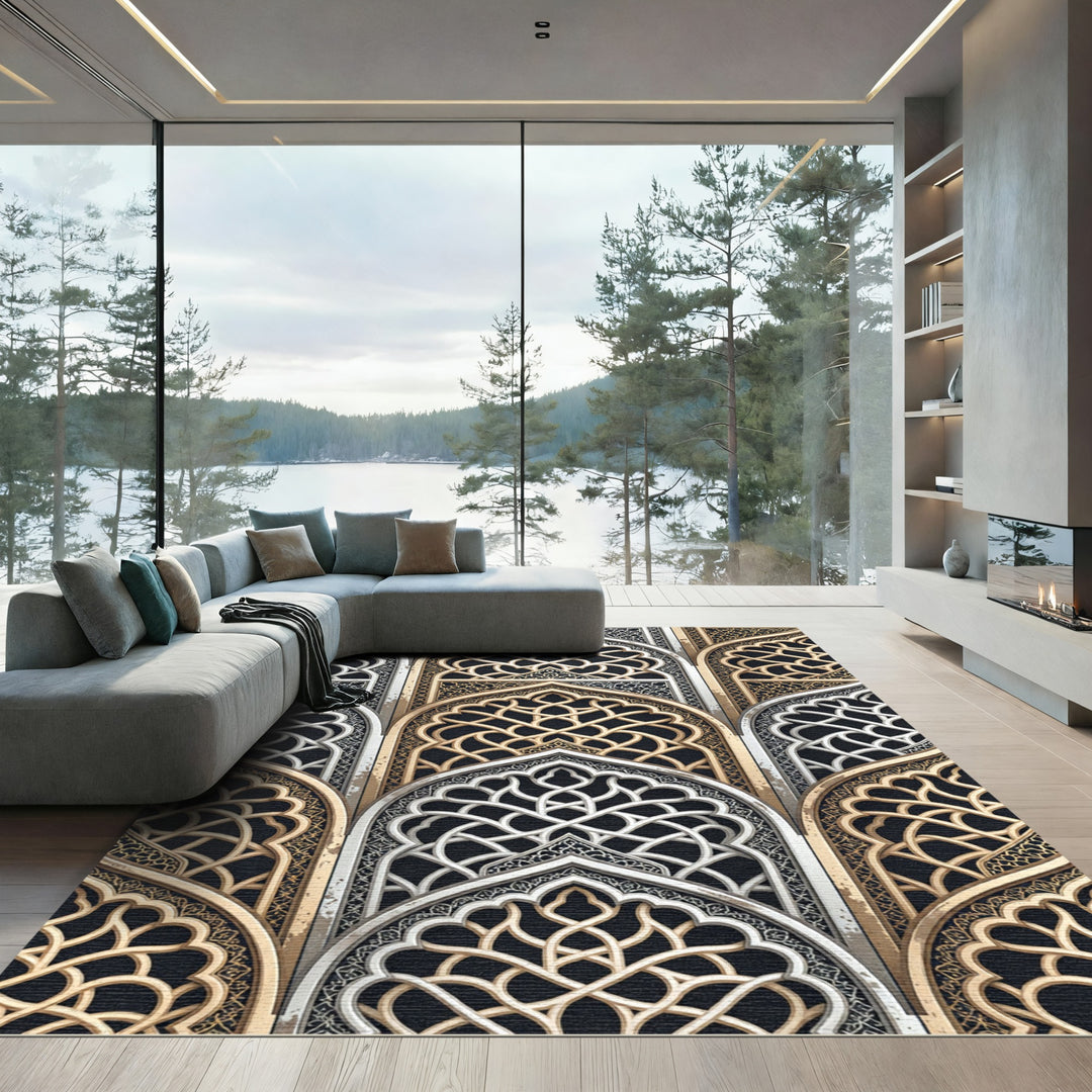 Ornate Golden Archway Geometric Rug