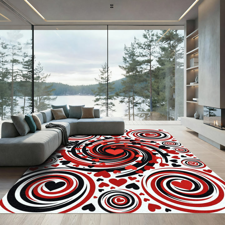 Red Black Heart Swirl Abstract Rug