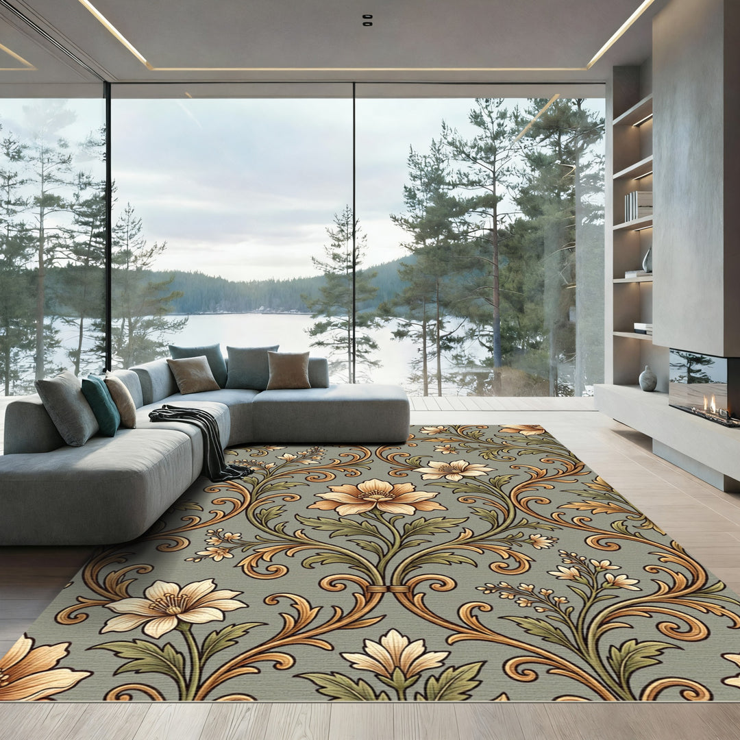 Antique Gold Floral Vine Scroll Rug