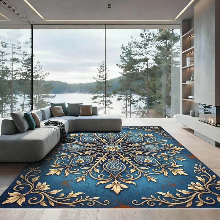 Ornate Golden Blue Mandala Tapestry Rug