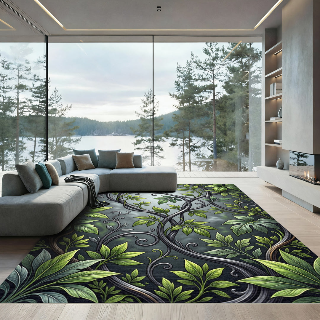 Elegant Green Leafy Vine Swirls Rug