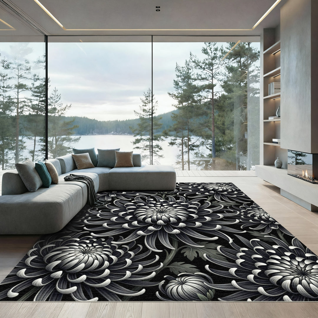 Monochromatic Black Chrysanthemum Bloom Textile Rug