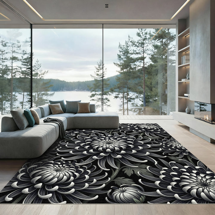 Monochromatic Black Chrysanthemum Bloom Textile Rug