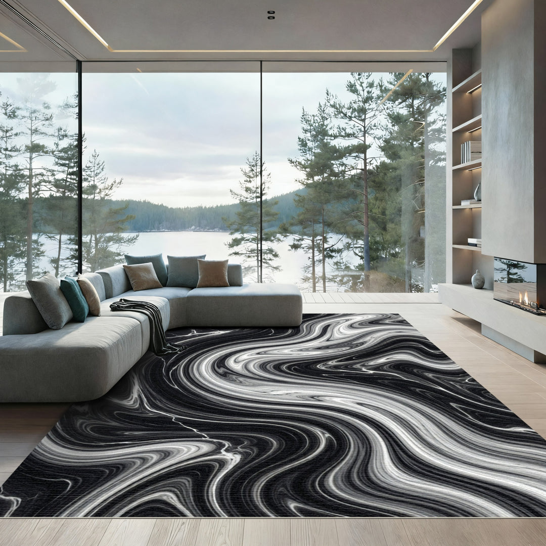 Abstract Black White Marble Swirl Rug