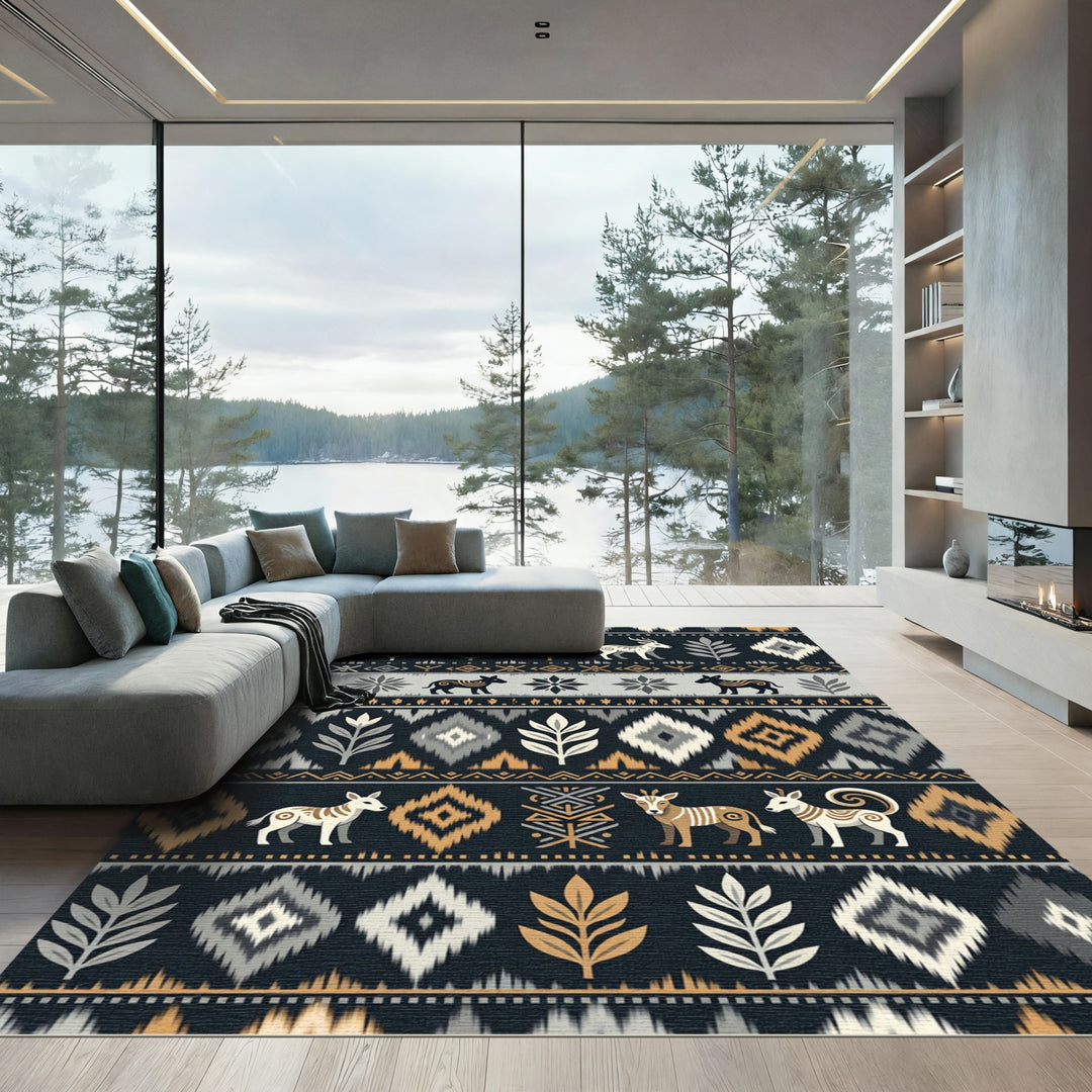 Tribal Animal and Leaf Abstract Rug