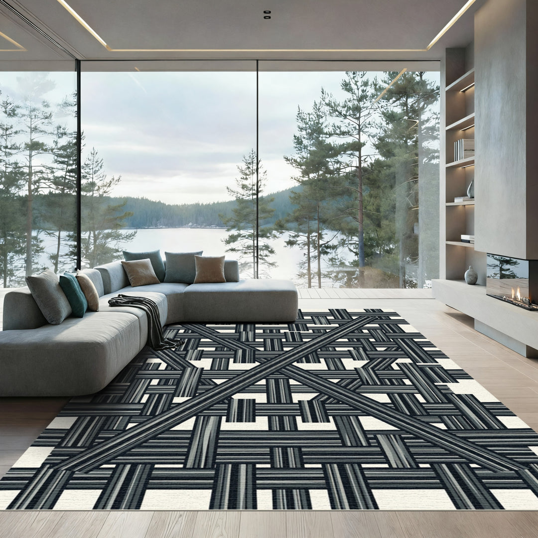 Modern Black White Woven Weave Rug