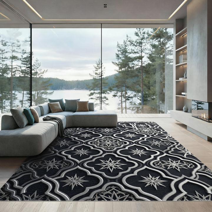 Black Silver Starburst Quatrefoil Rug