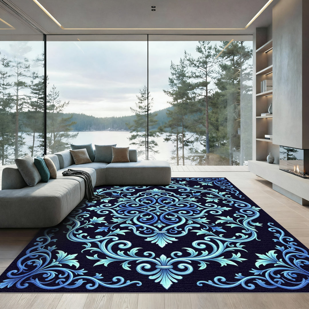 Elegant Blue Scrollwork Floral Foliage Rug