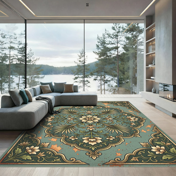 Vintage Teal Floral Arabesque Rug