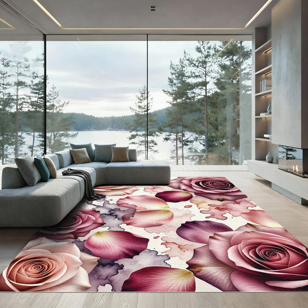 Pink Rose Petal Watercolor Bloom Rug