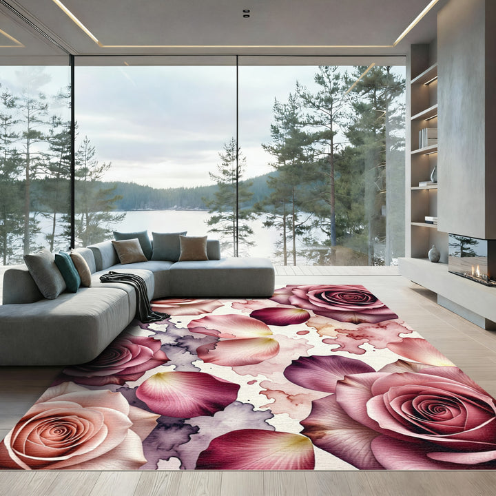 Pink Rose Petal Watercolor Bloom Rug