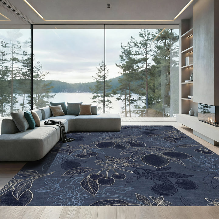Navy Blue Cherry Lemon Branches Rug