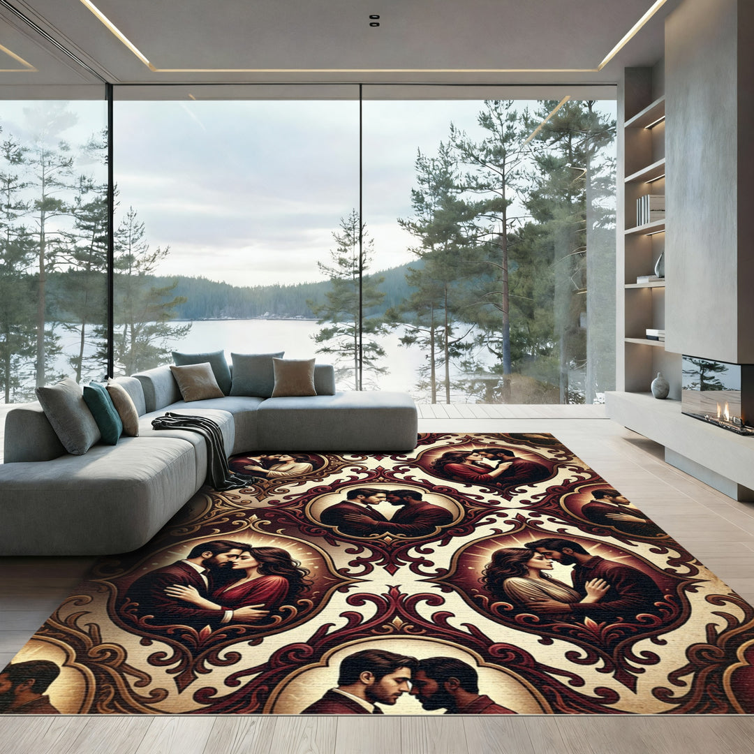 Romantic Couple Oval Frame Red Medallion Rug