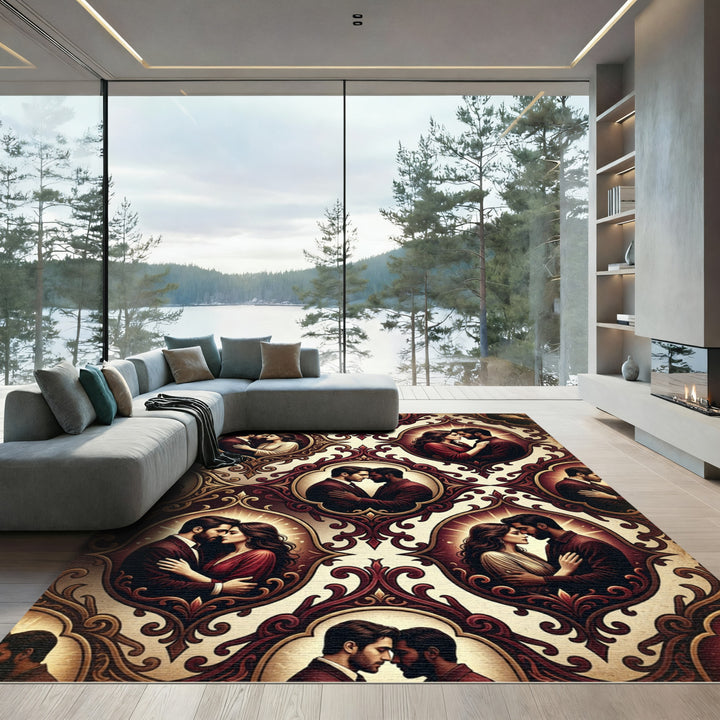 Romantic Couple Oval Frame Red Medallion Rug