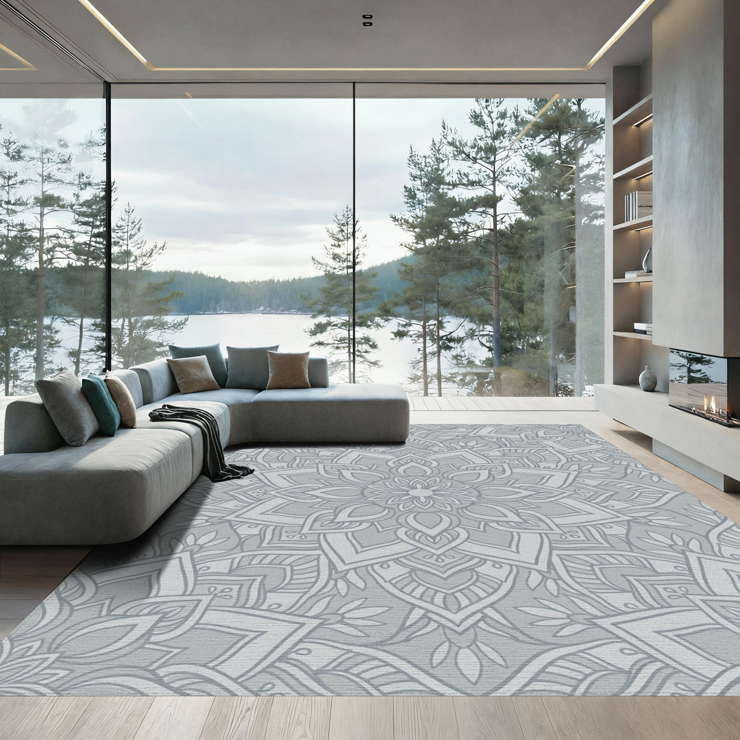 Soft Gray Intricate Mandala Bloom Rug