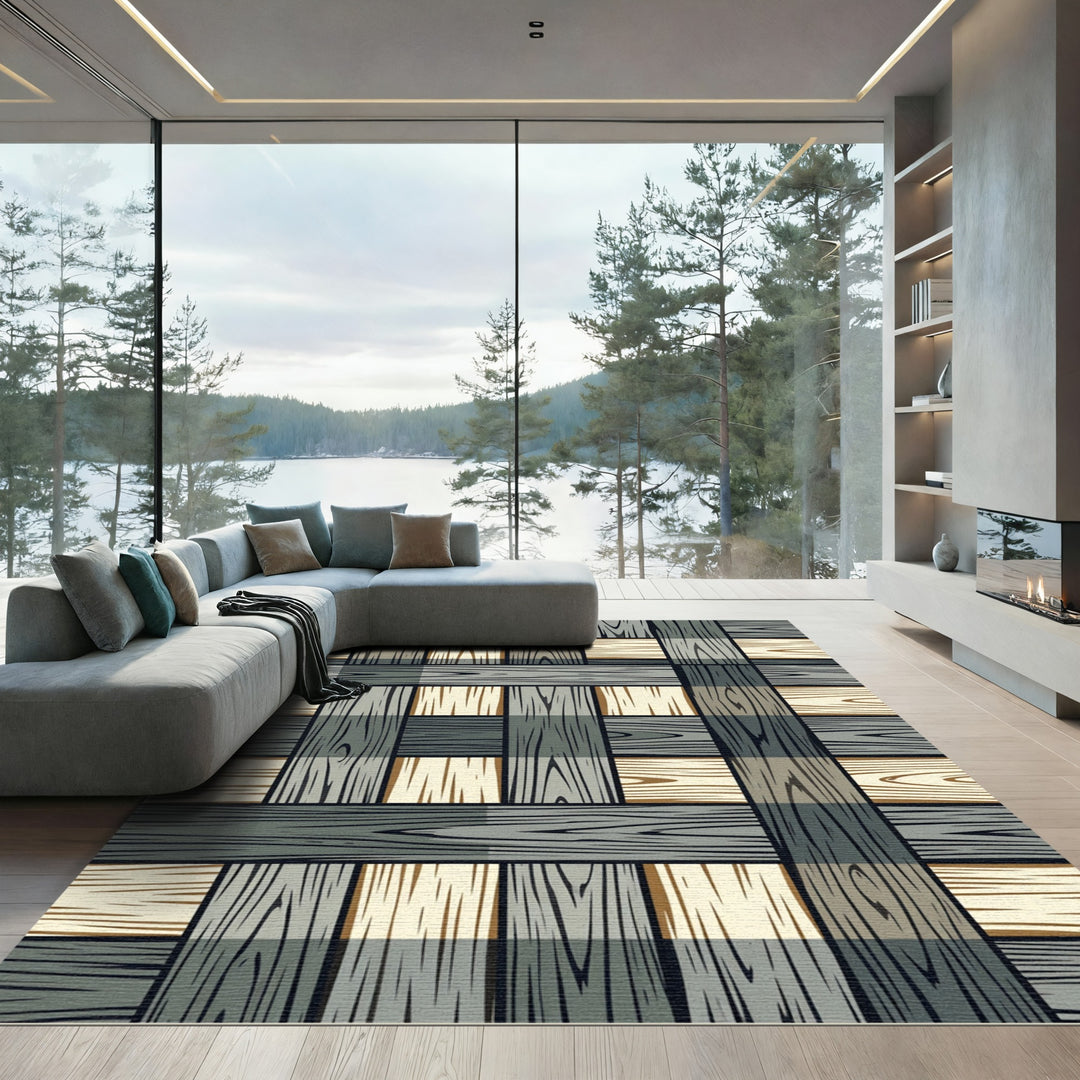 Wood Plank Geometric Checkerboard Rug