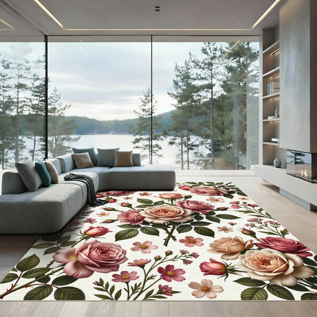 Romantic Pink Rose Floral Garden Rug