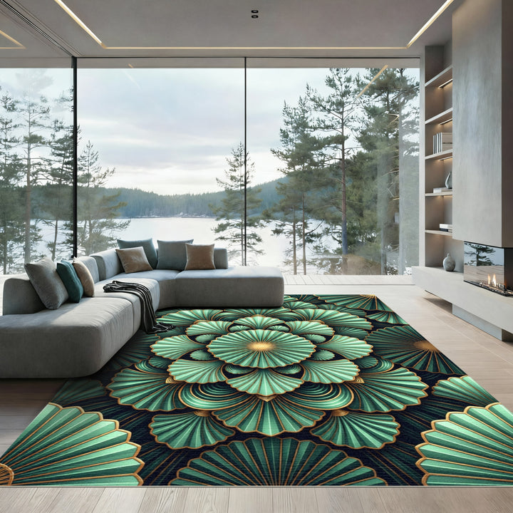 Art Deco Teal Gold Fan Radiating Rug