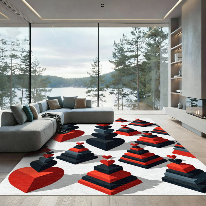 Geometric Red Black Heart Towers Rug