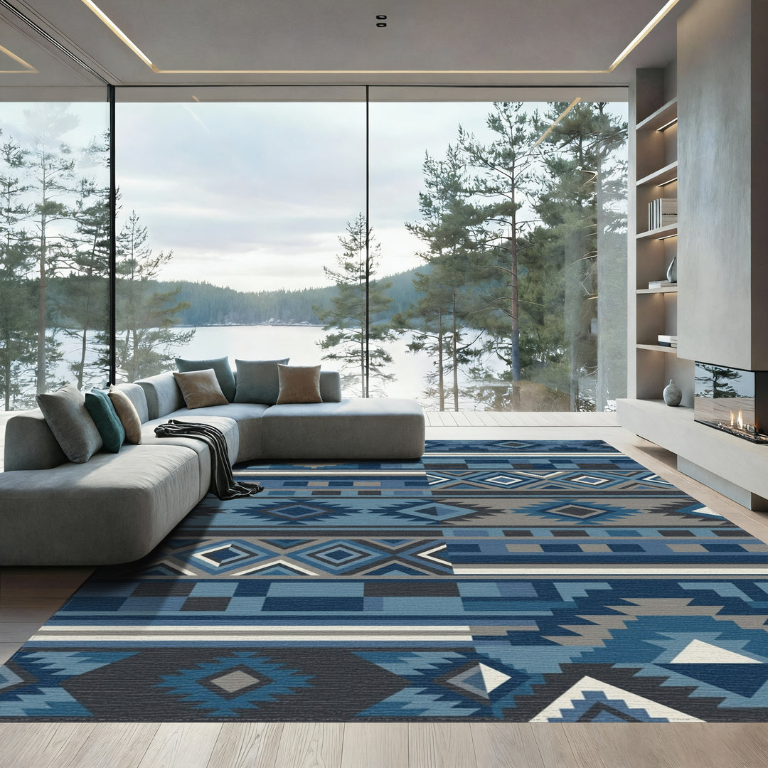 Blue Geometric Tribal Diamond Rug
