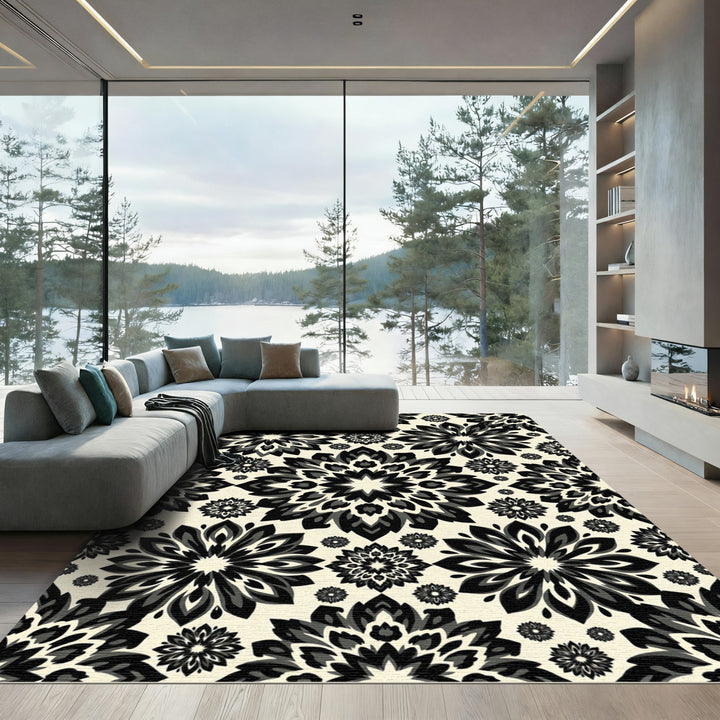 Dramatic Black and Cream Mandala Rug