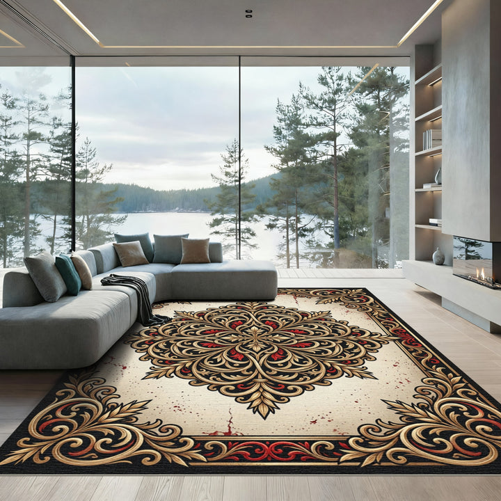 Ornate Crimson Gold Scroll Medallion Rug
