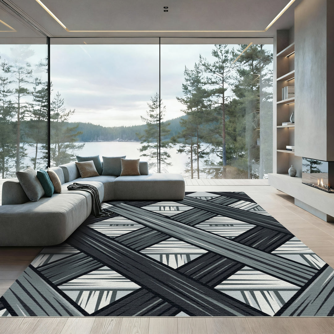 Woven Dark Gray Geometric Lattice Rug