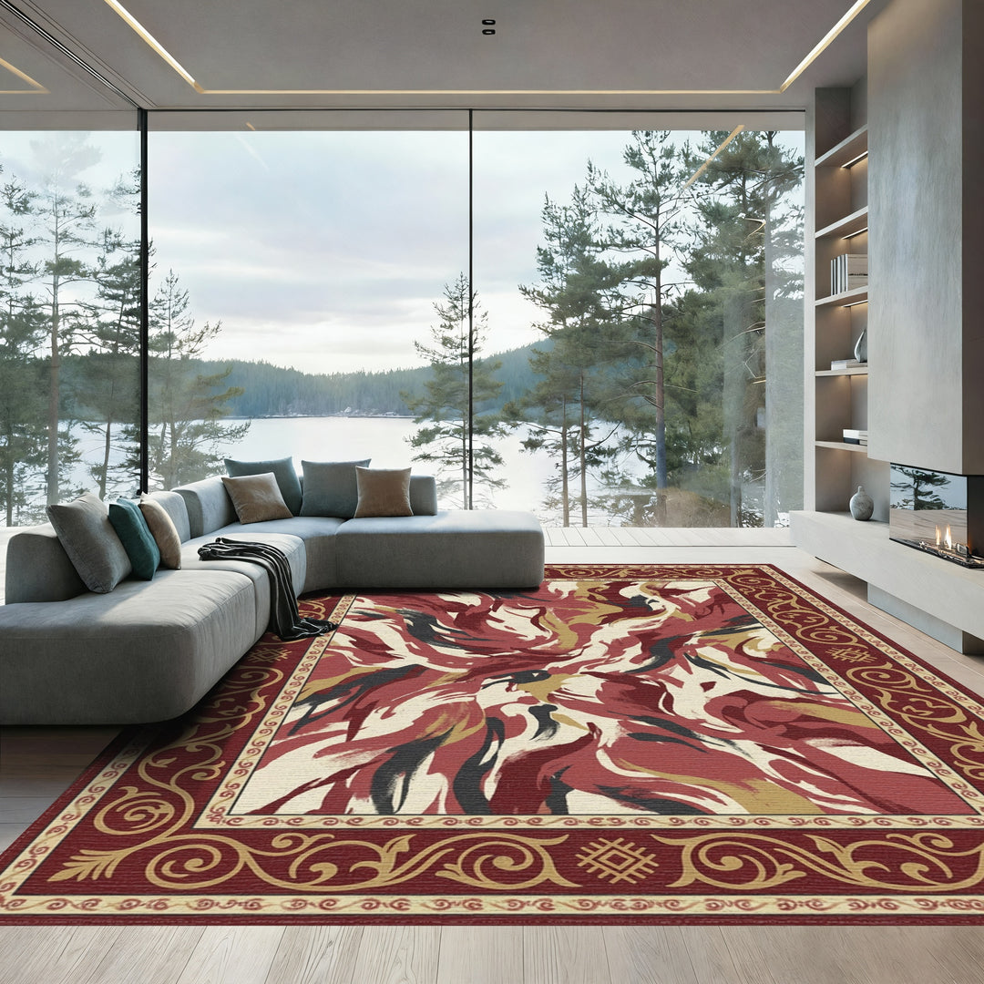 Crimson Abstract Brushstroke Border Rug