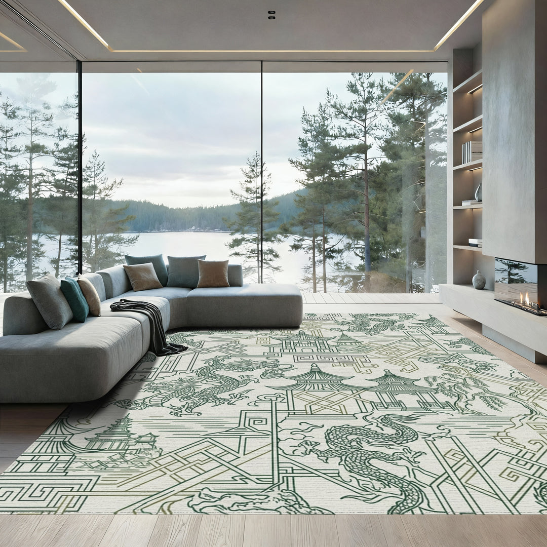 Emerald Dragon Pagoda Landscape Harmony Rug