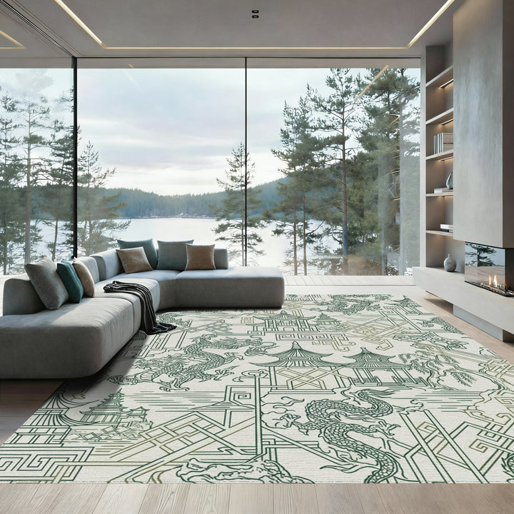 Emerald Dragon Pagoda Landscape Harmony Rug