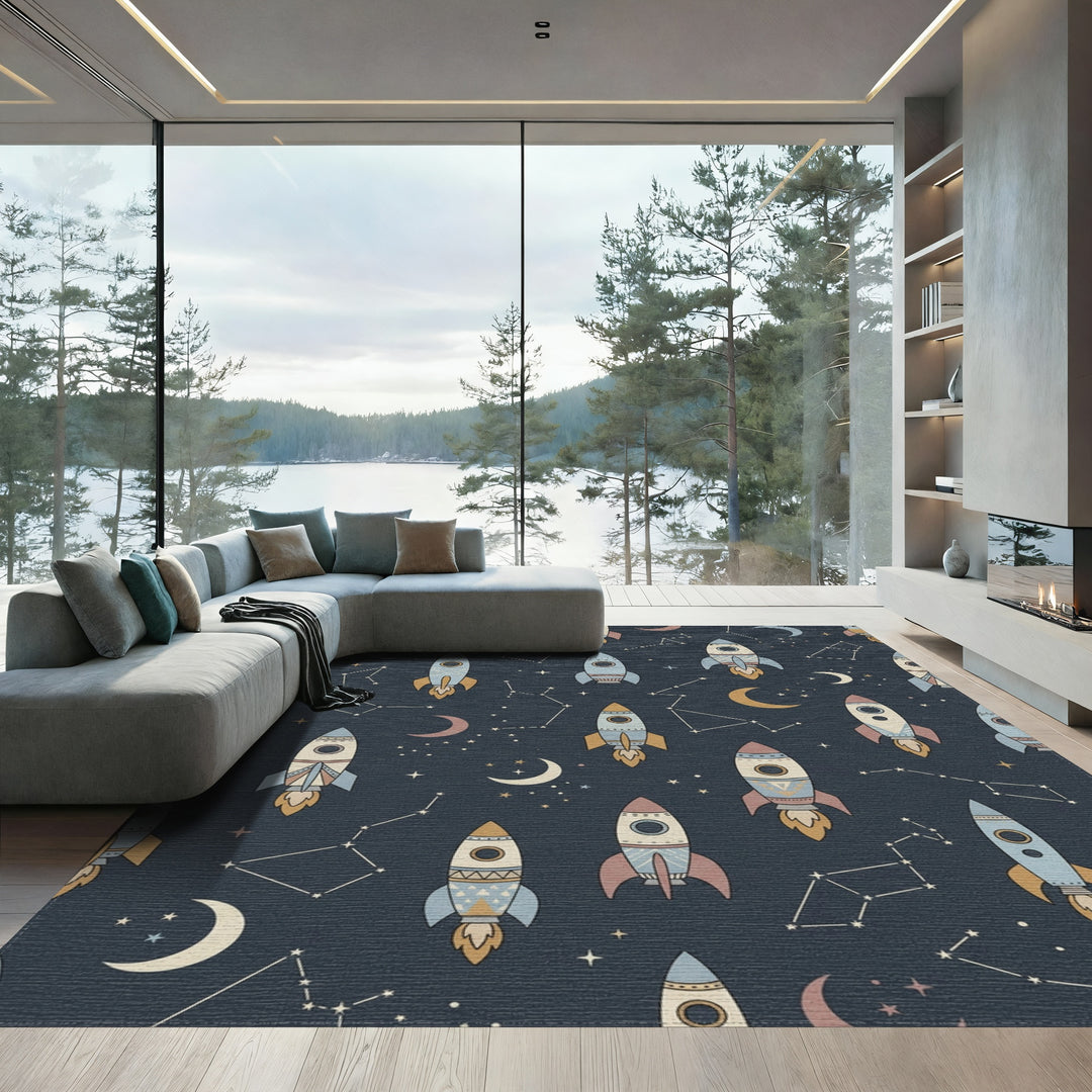 Retro Rocket Starship Constellation Navy Rug