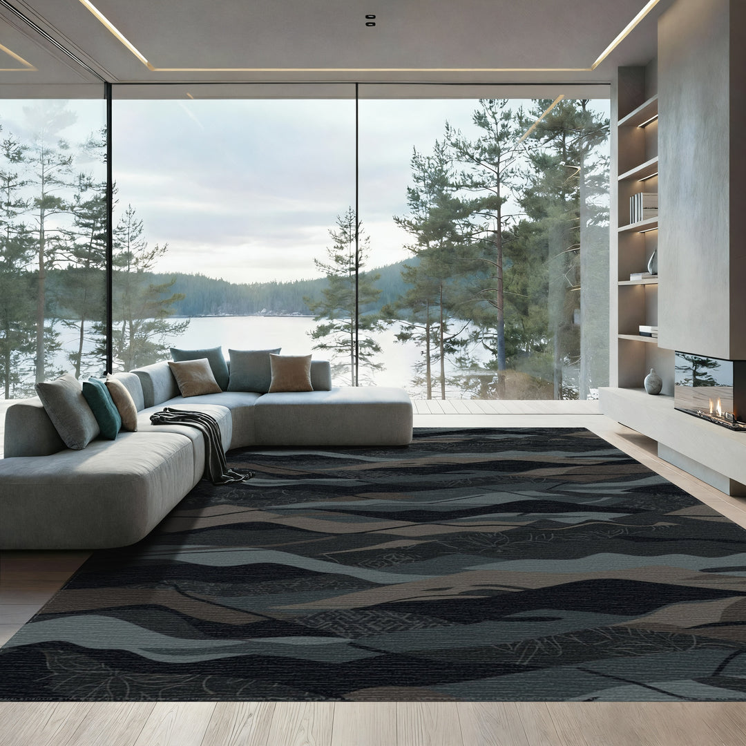 Dark Earthy Tone Layered Landscape Waves Rug