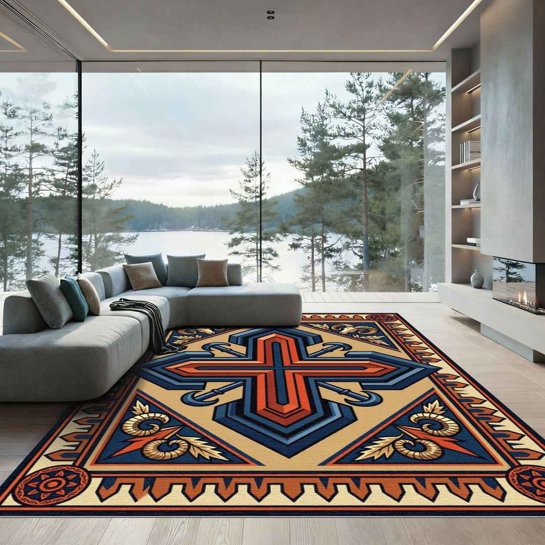 Deep Blue Orange Ram Crest Rug