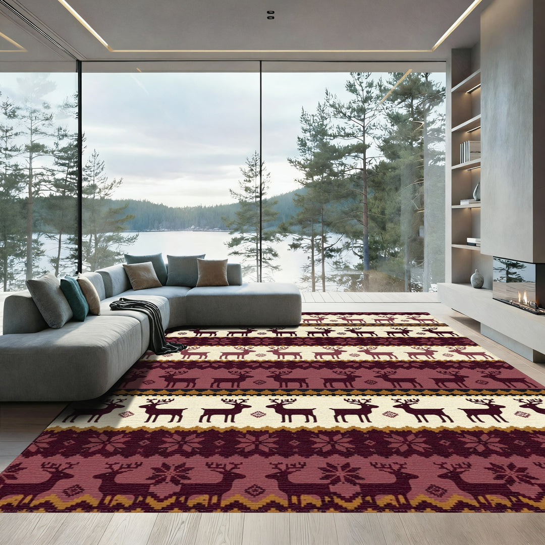Warm Burgundy Reindeer Nordic Stripe Rug