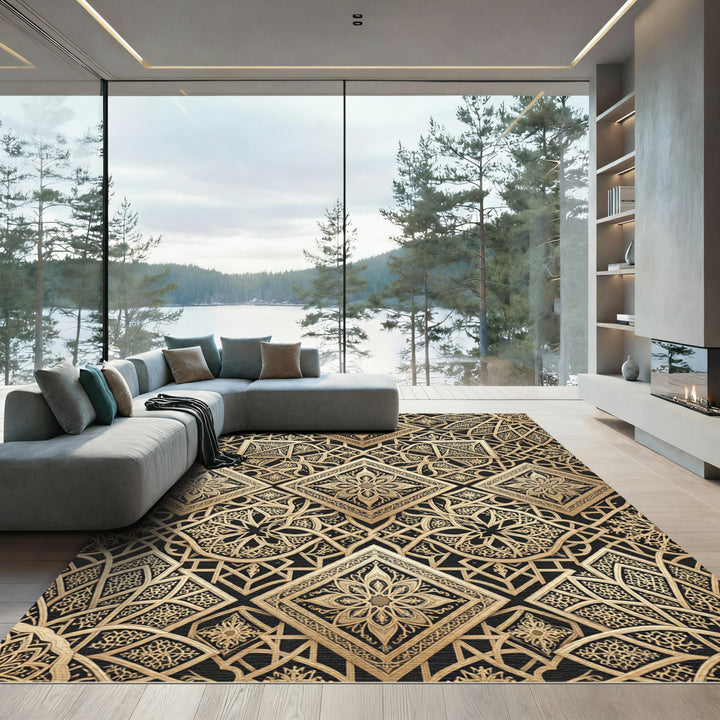 Geometric Golden Arabesque Square Rug