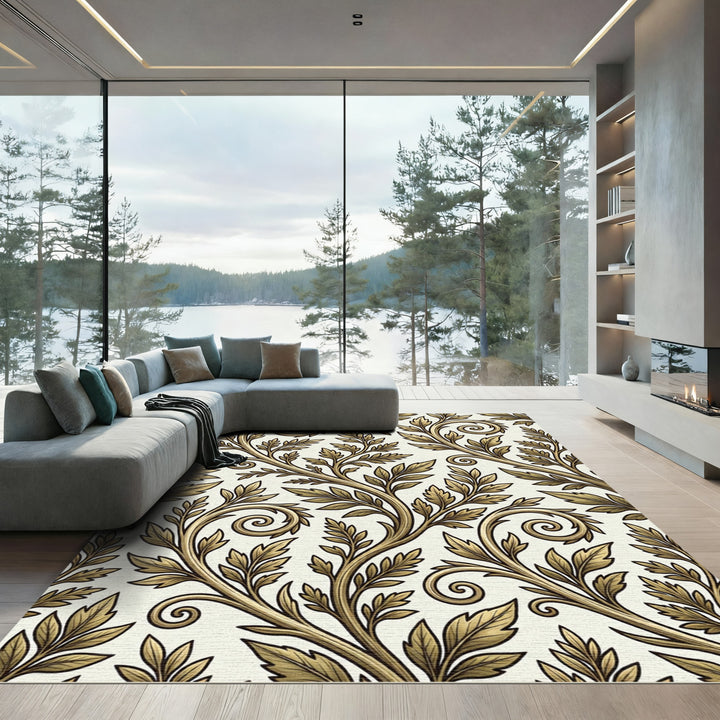 Golden Scroll Leaf Vine Rug
