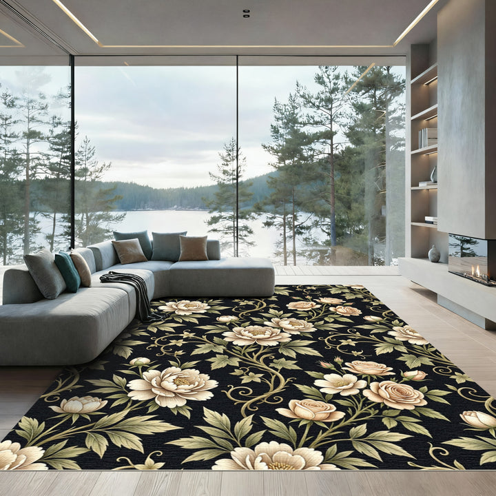 Cream Peony Rose Vine Flourish Rug