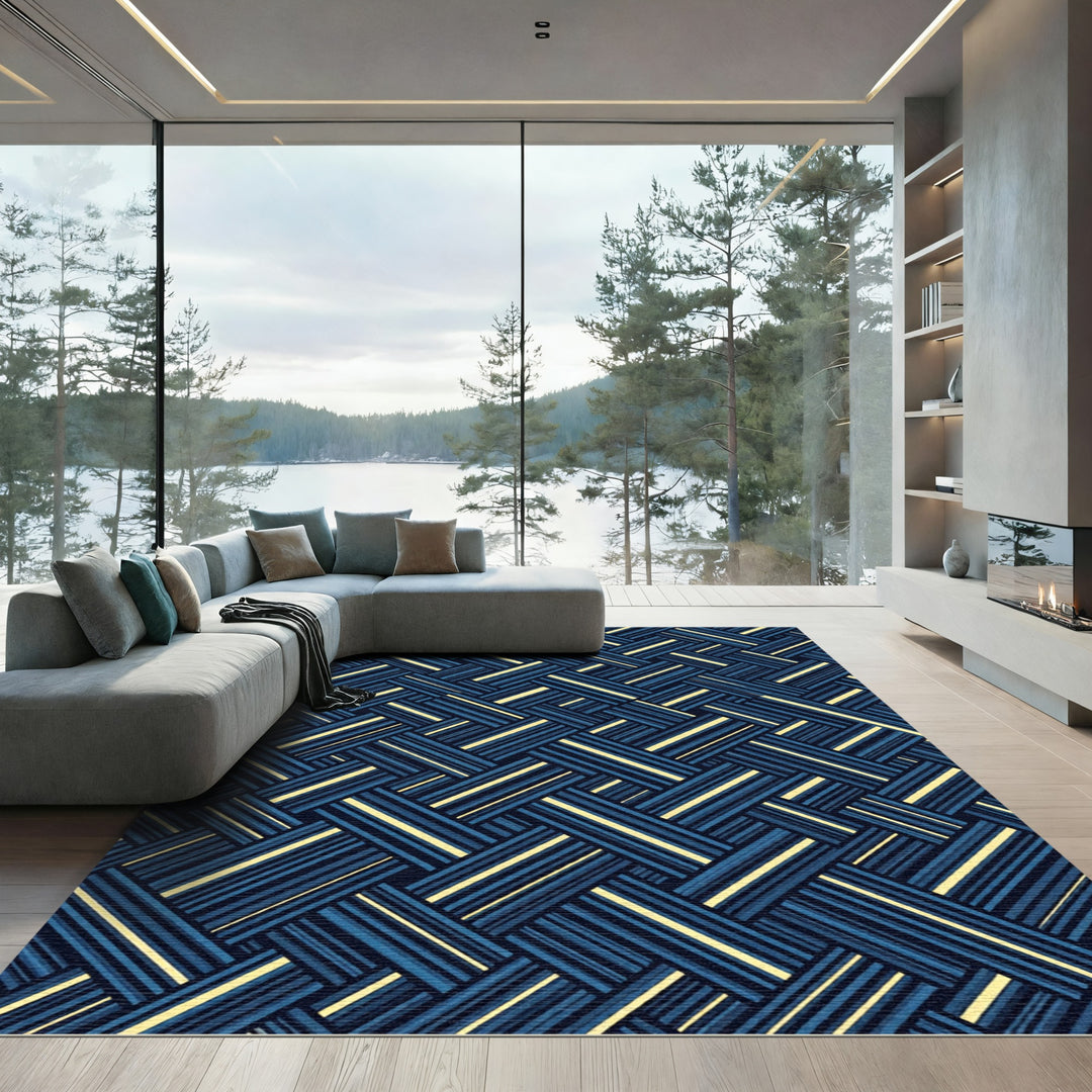 Deep Blue Woven Stripe Geometric Rug