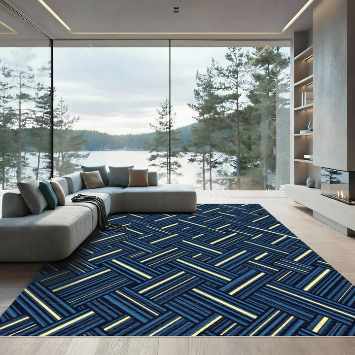 Deep Blue Woven Stripe Geometric Rug