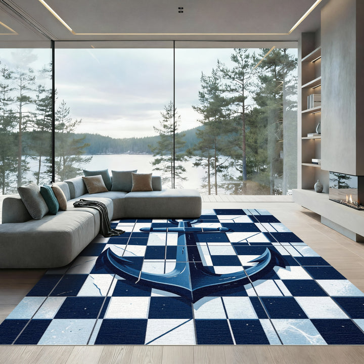 Dark Blue Nautical Anchor Checkered Rug