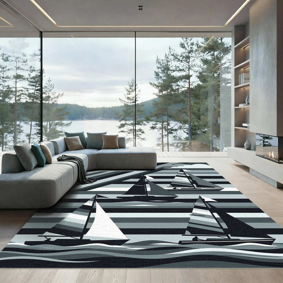 Monochromatic Sailboat Geometric Cloud Scene Rug