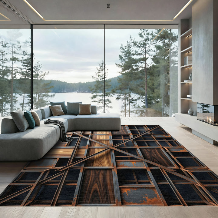Industrial Wooden Panel Metal Grid Rug