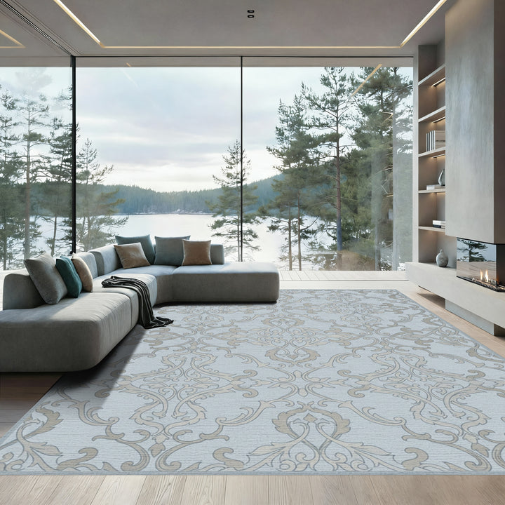 Pale Blue Cream Damask Scroll Rug