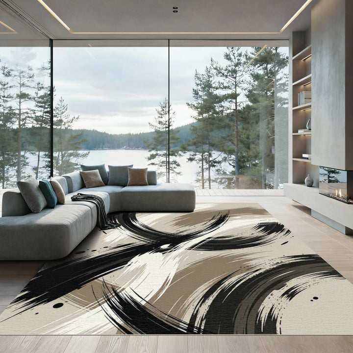 Abstract Black Sepia Brushstroke Rug